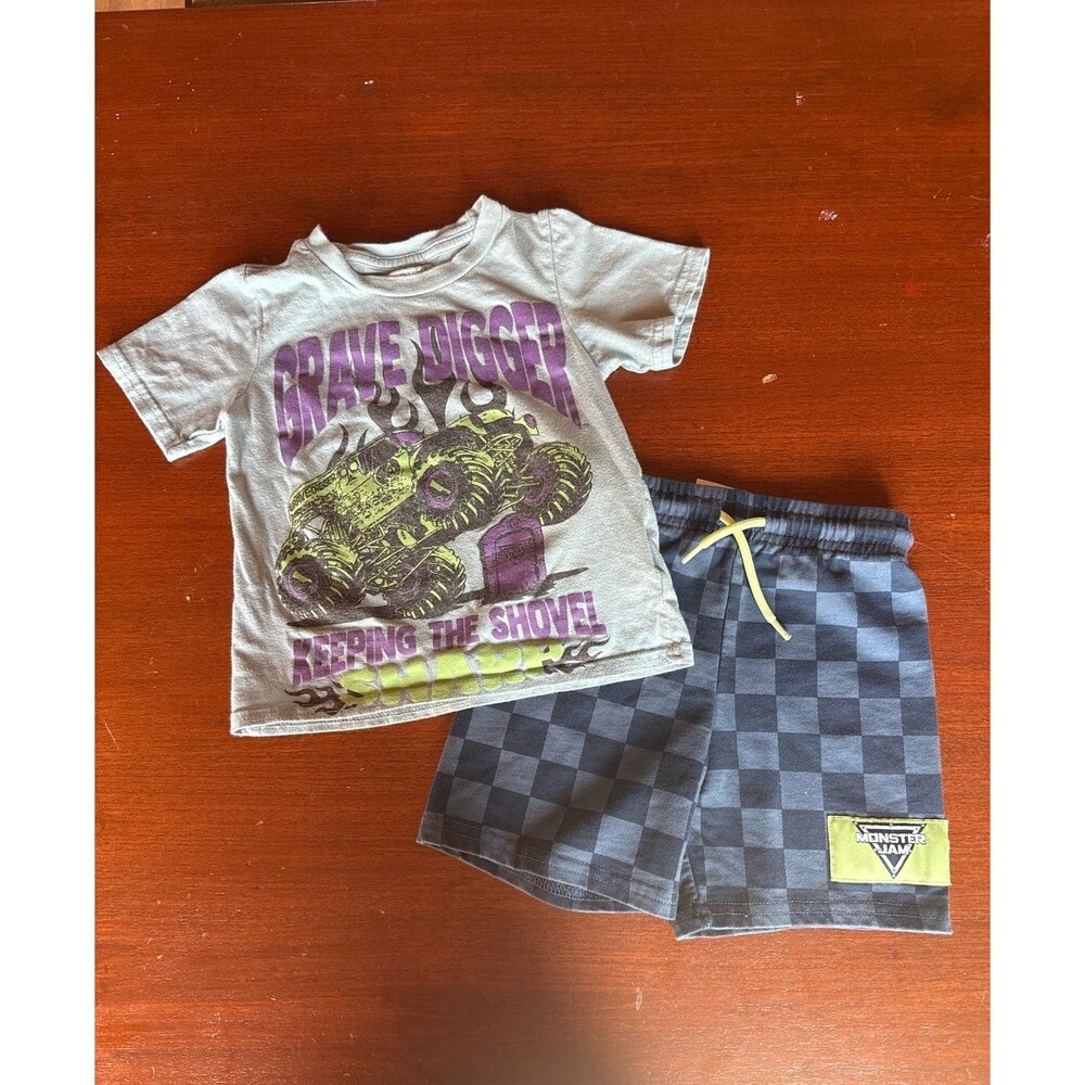 Monster Jam GRAVE DIGGER boys checkered shorts and tee outfit set